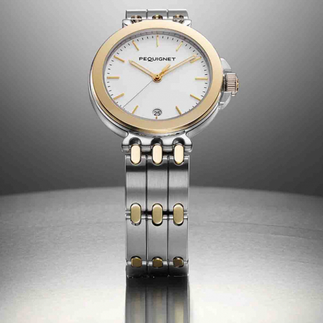 Montre Pequignet Moorea - Acier & Or, Cadran Blanc & Bracelet 3 rangs