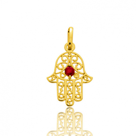 Pendentif or jaune avec rubis main de fatma