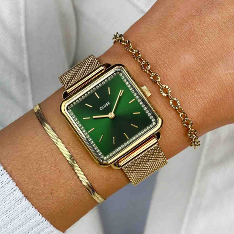 Ttragone Watch Mesh stones Green, Gold Colour 