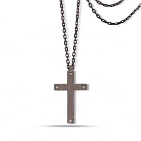 Collier Croix mano J - Diamants noirs - Titane et or