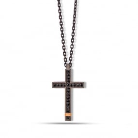 Collier Croix mano J - Diamants noirs - Titane et or