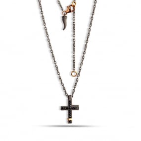 Collier Croix mano J - Diamants noirs - Titane et or