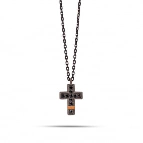Collier Croix mano J - Diamants noirs - Titane et or