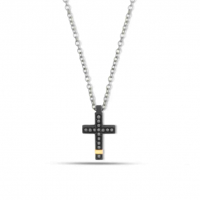 Collier Croix mano J - Diamants noirs - Titane Noir et or