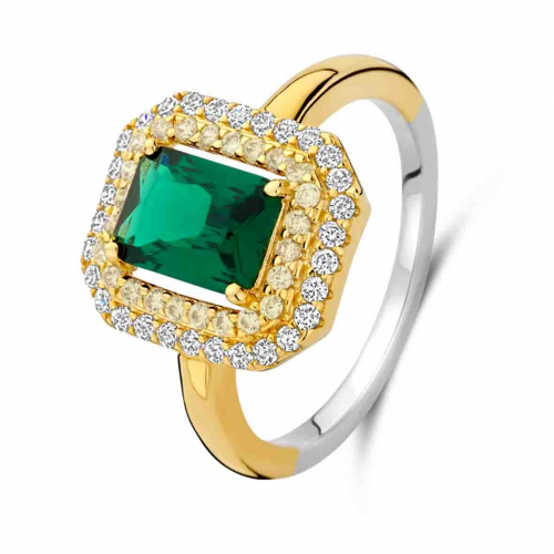 Bague en argent - plaqu� or pierre verte au centre et oxydes - Naiomy