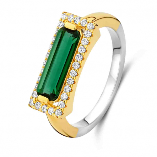 Bague en argent - plaqu� or pierre verte au centre et oxydes - Naiomy