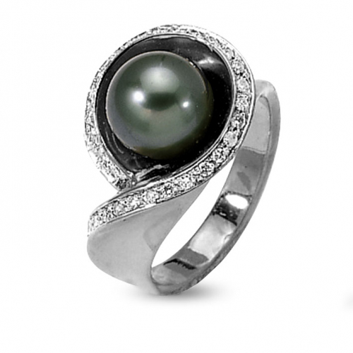 Bague perle de  Tahiti sertie de diamants 0.30 ct or blanc