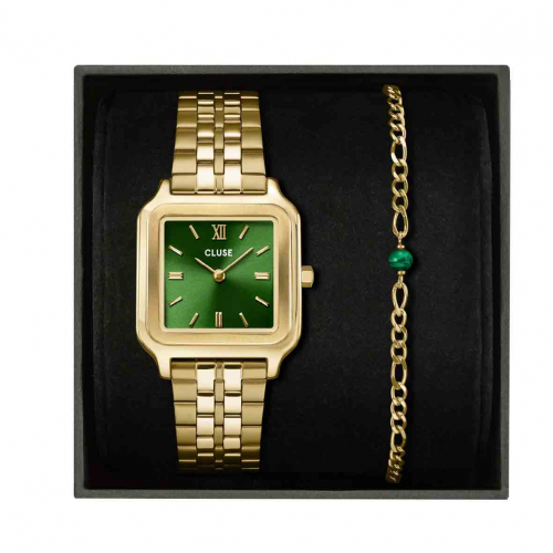 Coffret de Montre Cluse Gracieuse Watch Steel Forest Green & Malachite Bracelet, Gold Colour 