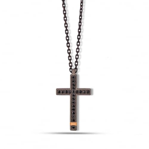 Collier Croix mano J - Diamants noirs - Titane et or