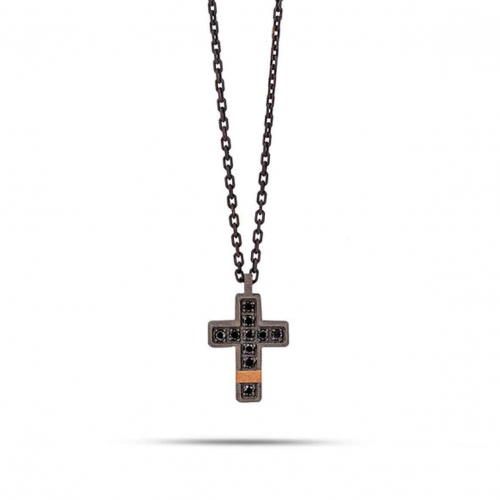 Collier Croix mano J - Diamants noirs - Titane et or
