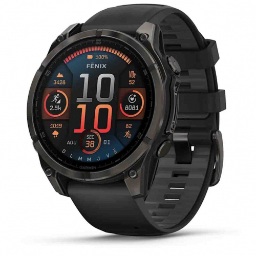 Garmin Fenix 8 � 47 mm � AMOLED - Titane Carbon Gray DLC - bracelet en silicone noir