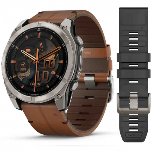 Garmin Fenix 8 � 51 mm, AMOLED  Sapphire, Titanium avec bracelet avec bracelet en cuir marron