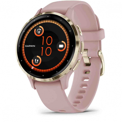 Garmin Venu 3S Lunette acier Soft Gold - bo�tier - bracelet en silicone rose poudr�