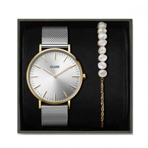 Montre Cluse Gift Box Boho Chic Mesh Bicolour and Pearl Bracelet Gold Colour