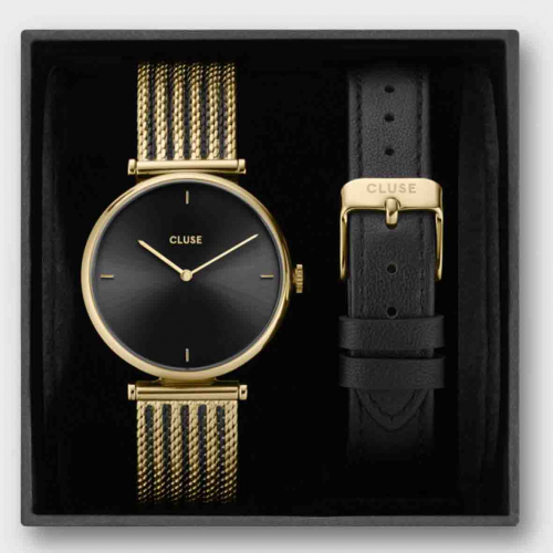 Montre Cluse Gift Box Triomphe Mesh, Gold Colour & Black Leather Strap